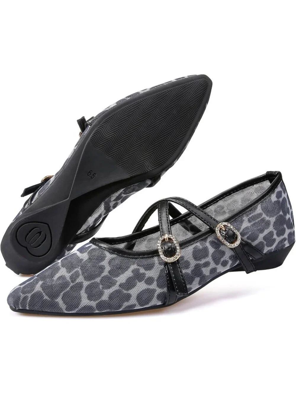 Women's Black Leopard Mesh Flats Cross Ankle Strap Flat Slip On Comfortable
